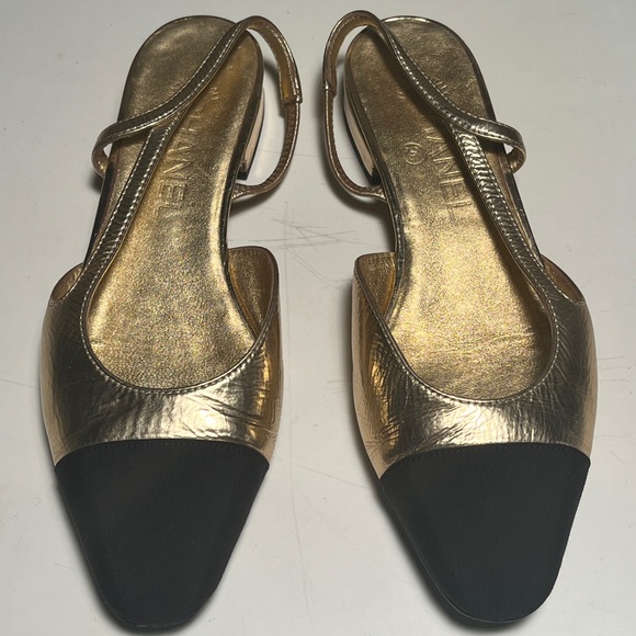 CHANEL Shoes - CHANEL Gold and Black Slingback Heels